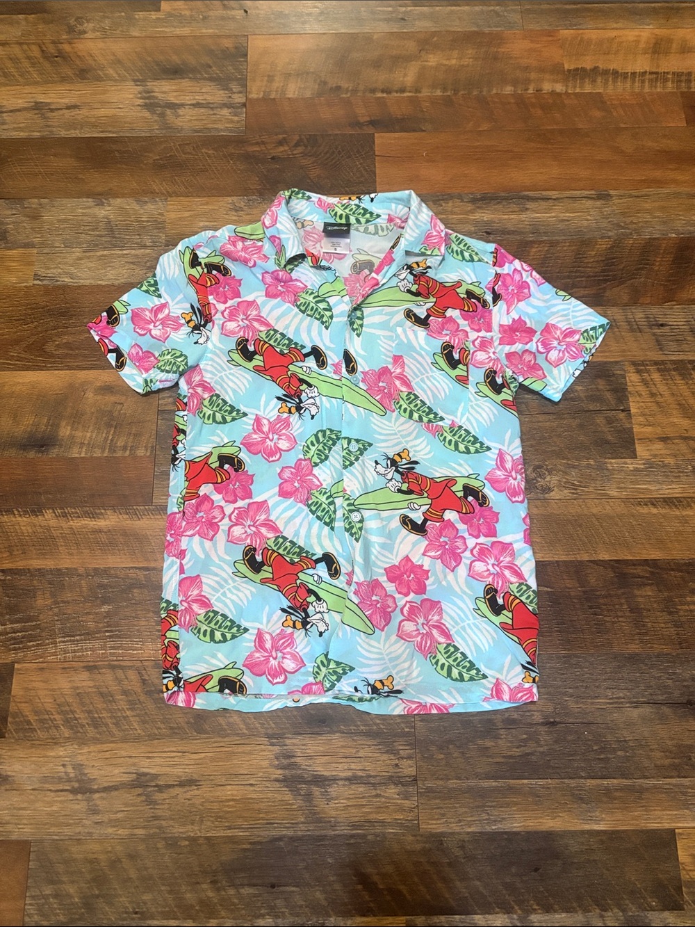 Disney Goofy Surfing Hawaiian Shirt Mens Small Blue Floral Tropical Rayon